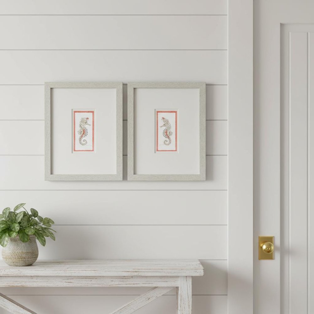 Set Of Two Dreamy Seahorse Distressed White Framed Illustration Wall Art HomeRoots