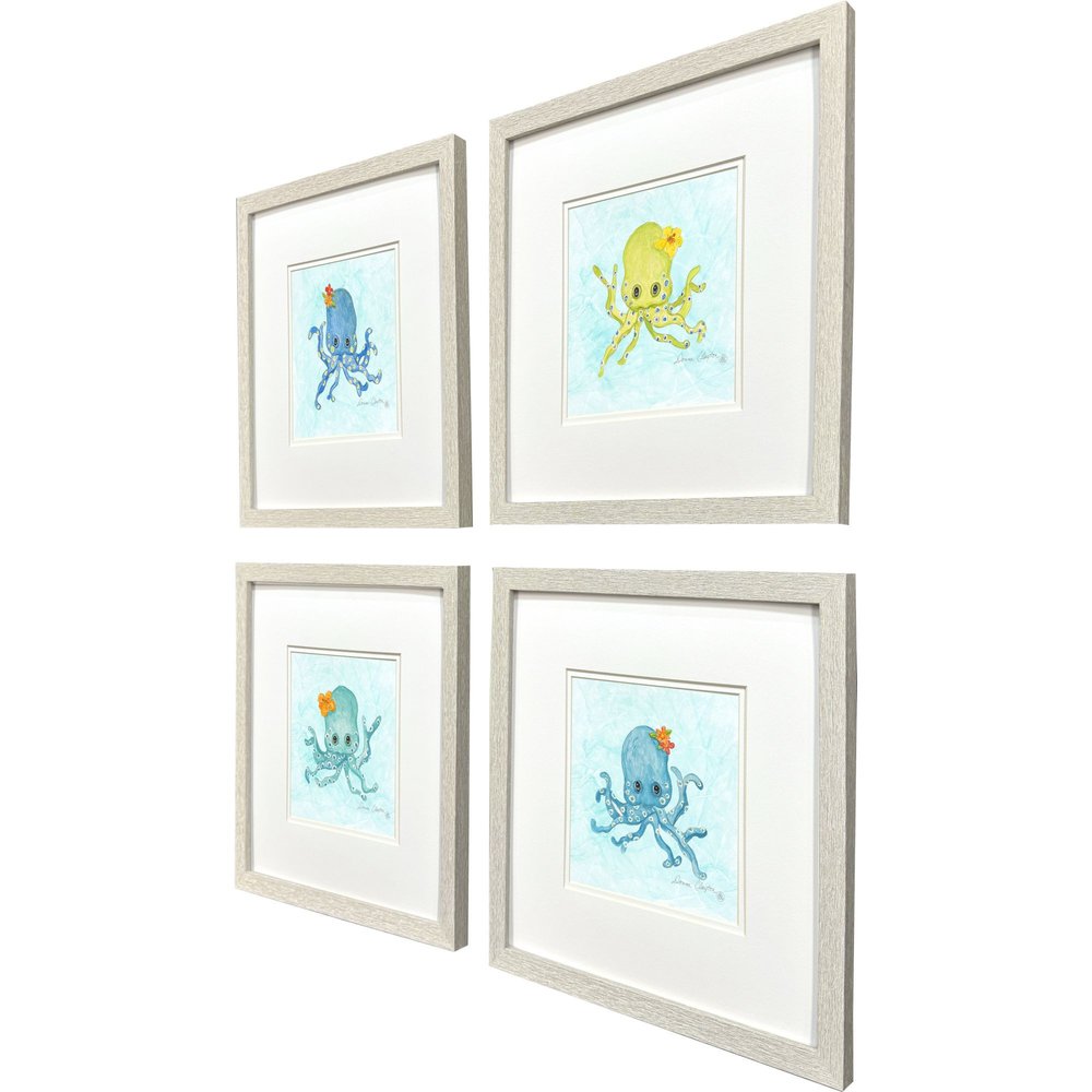 Set Of Four Baby Octopus Distressed White Framed Wall Art HomeRoots
