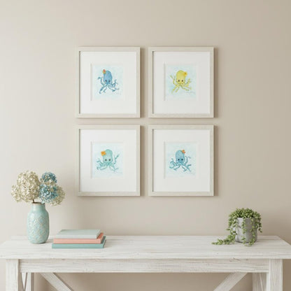 Set Of Four Baby Octopus Distressed White Framed Wall Art HomeRoots