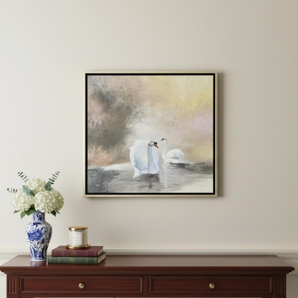 Swans in Mist Silver Floater Frame Wall Art HomeRoots