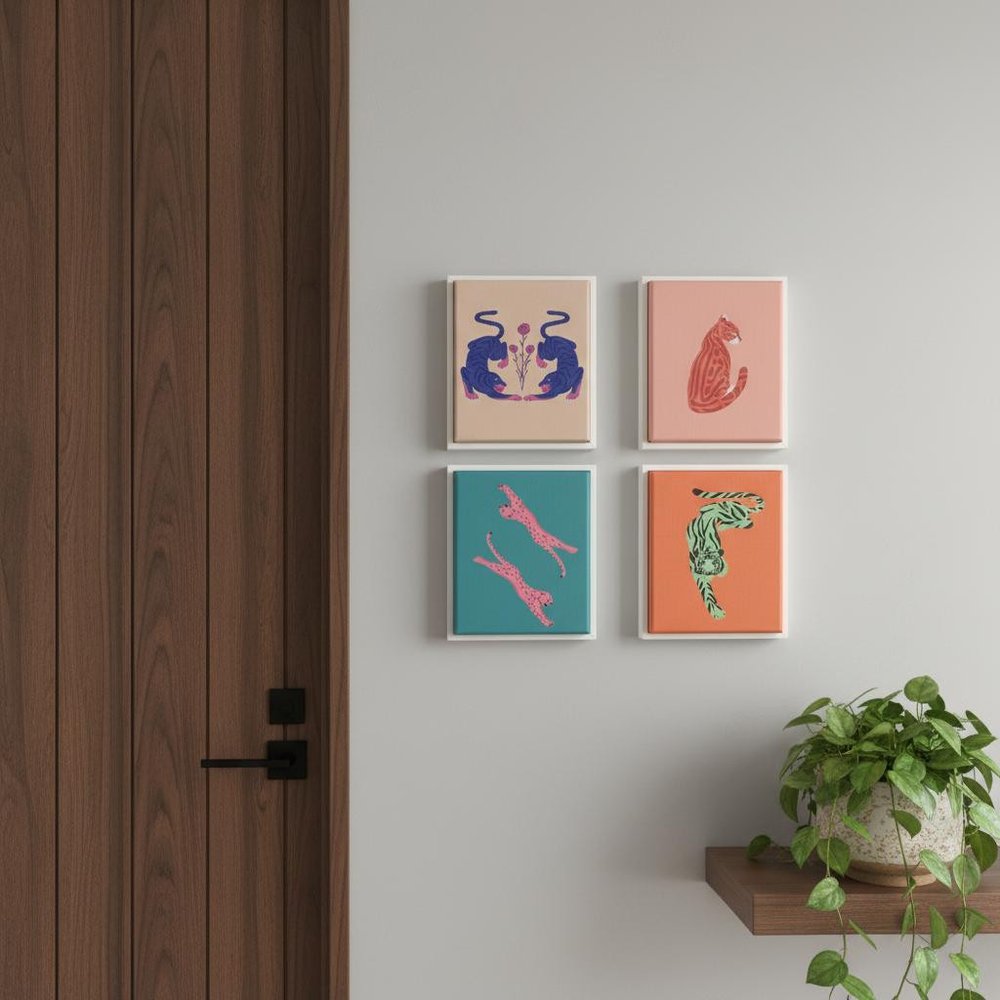 Set Of Four Big Cat White Framed Wall Art HomeRoots