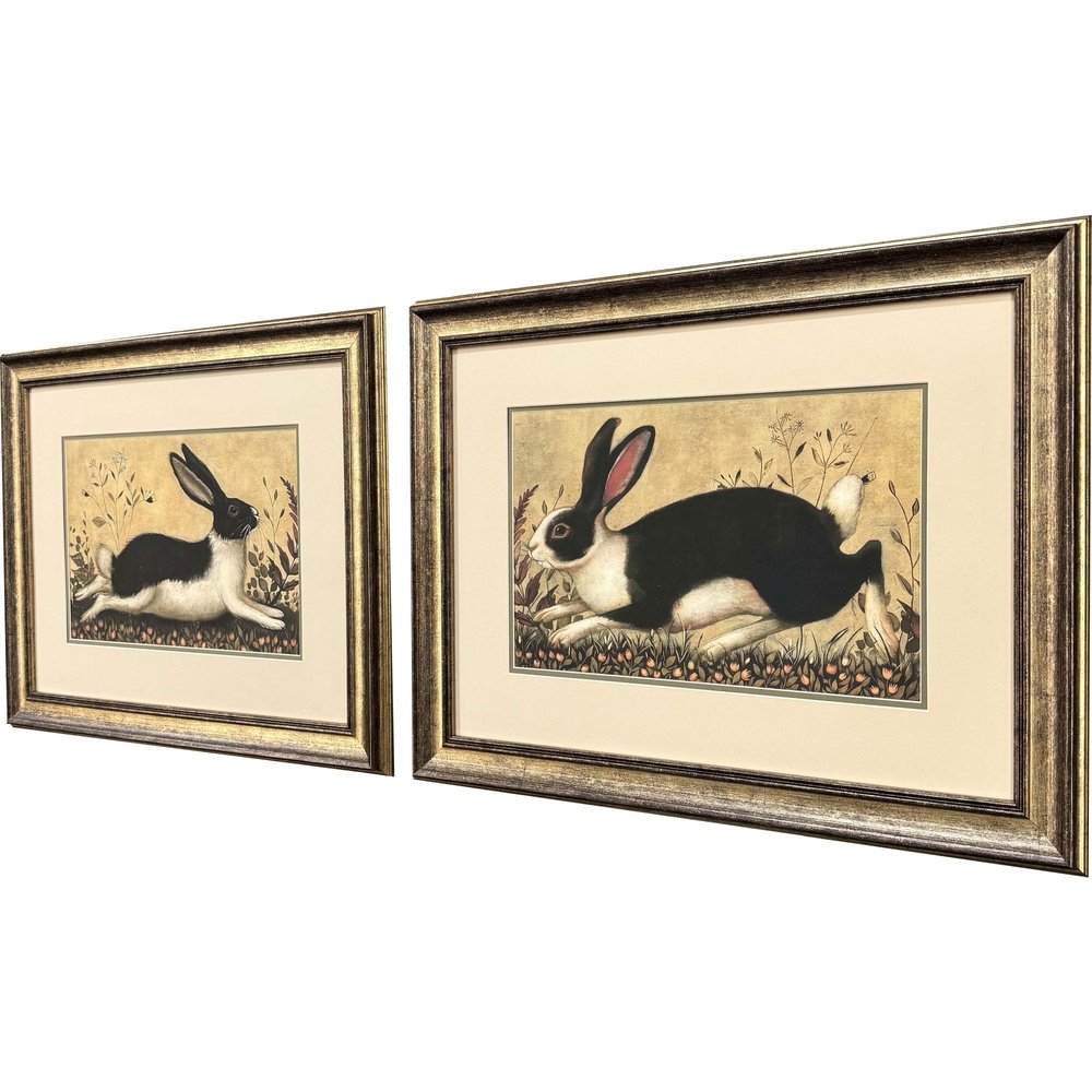 Set Of Two Folk Art Rabbit Gold Framed Wall Art HomeRoots