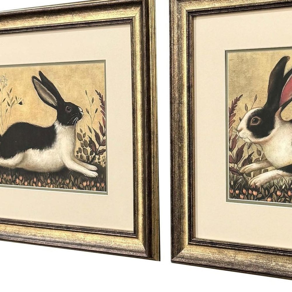 Set Of Two Folk Art Rabbit Gold Framed Wall Art HomeRoots