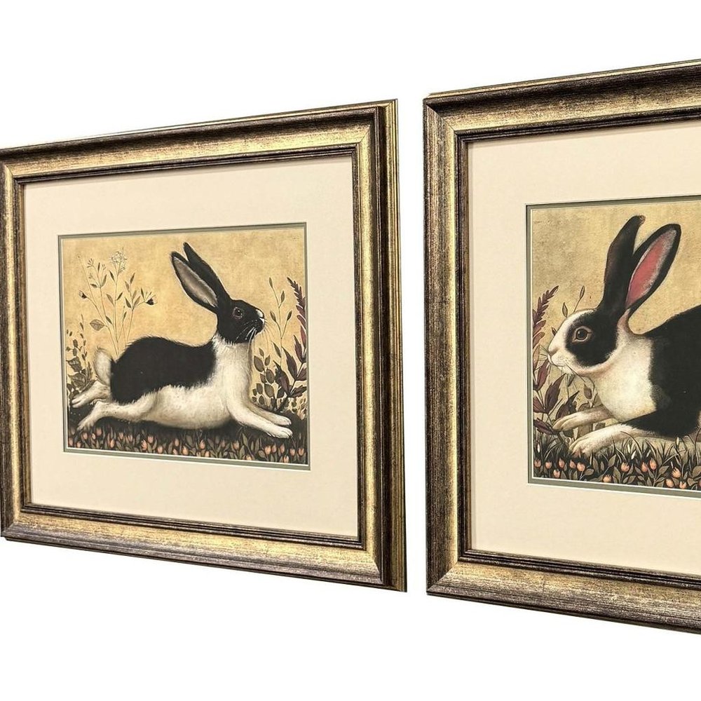 Set Of Two Folk Art Rabbit Gold Framed Wall Art HomeRoots