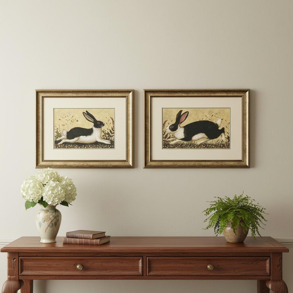 Set Of Two Folk Art Rabbit Gold Framed Wall Art HomeRoots