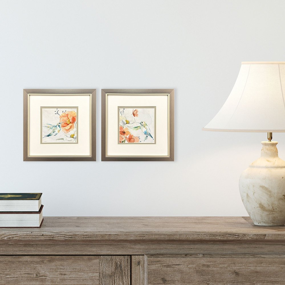 Set Of Two Floral Hummingbird Silver Framed Wall Art HomeRoots
