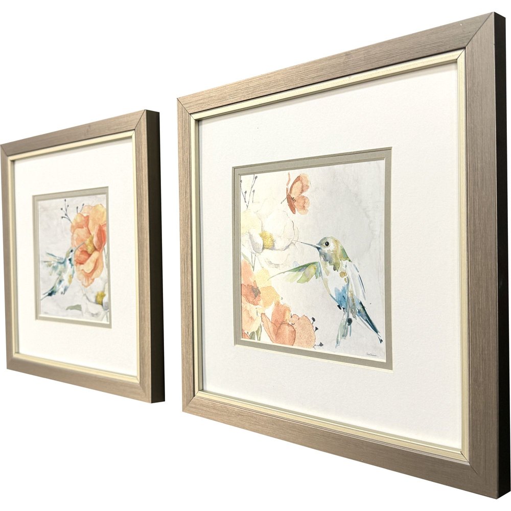 Set Of Two Floral Hummingbird Silver Framed Wall Art HomeRoots
