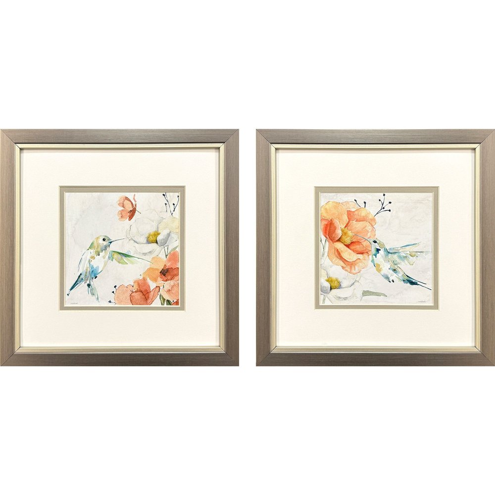 Set Of Two Floral Hummingbird Silver Framed Wall Art HomeRoots