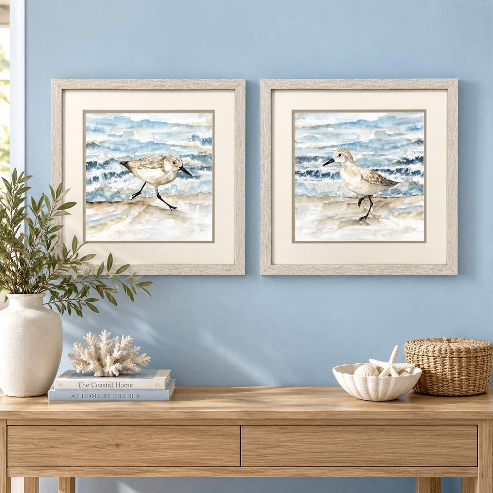 Set Of Two 17" x 17" Beach Sandpipers Distressed White Framed Wall Art