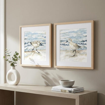 Set Of Two 17" x 17" Beach Sandpipers Distressed White Framed Wall Art