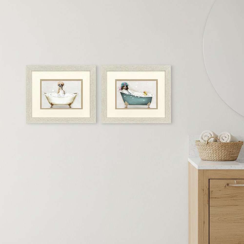 Set Of Two Bath Dogs I Distressed White Framed Wall Art HomeRoots