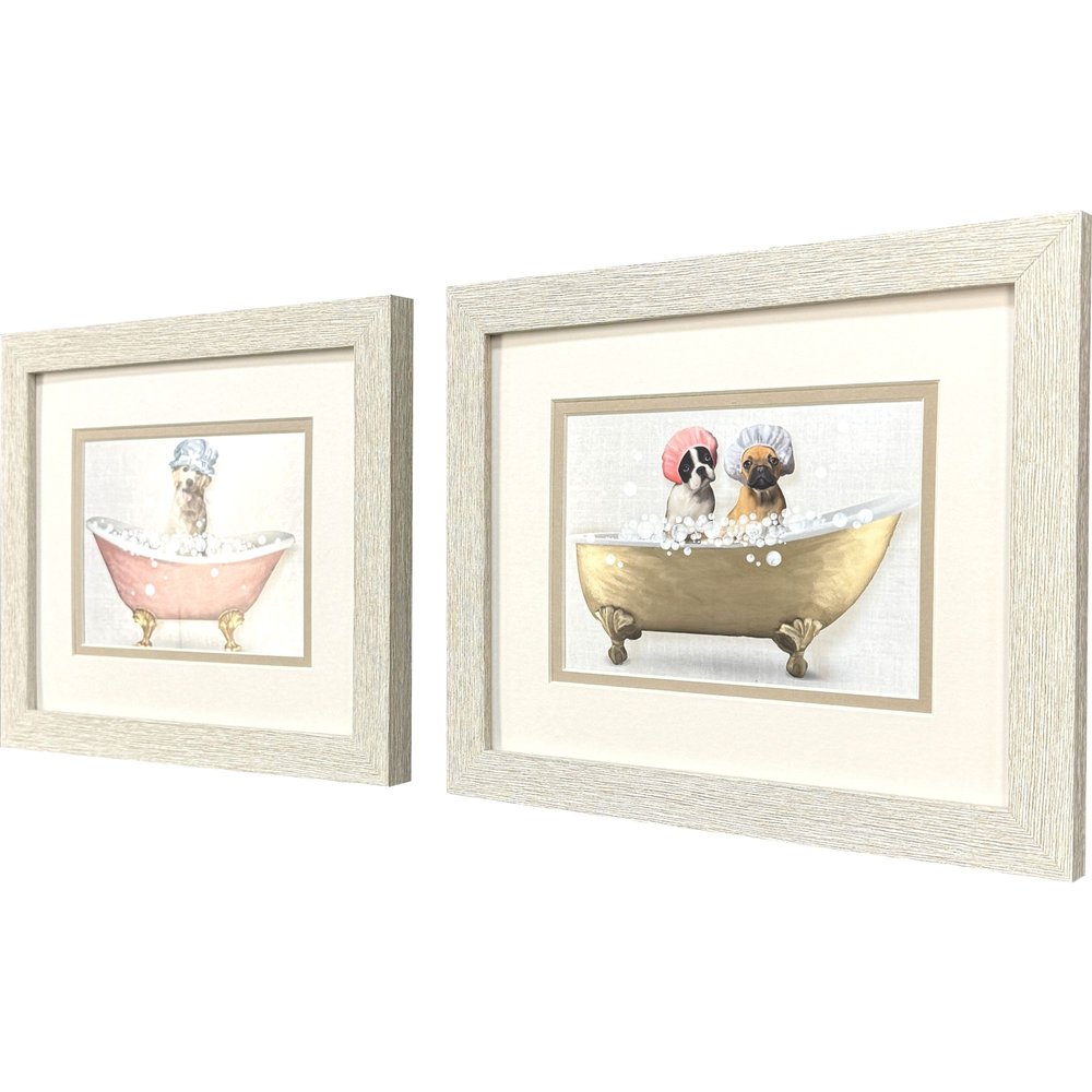 Set Of Two Bath Dogs II Distressed White Framed Wall Art HomeRoots