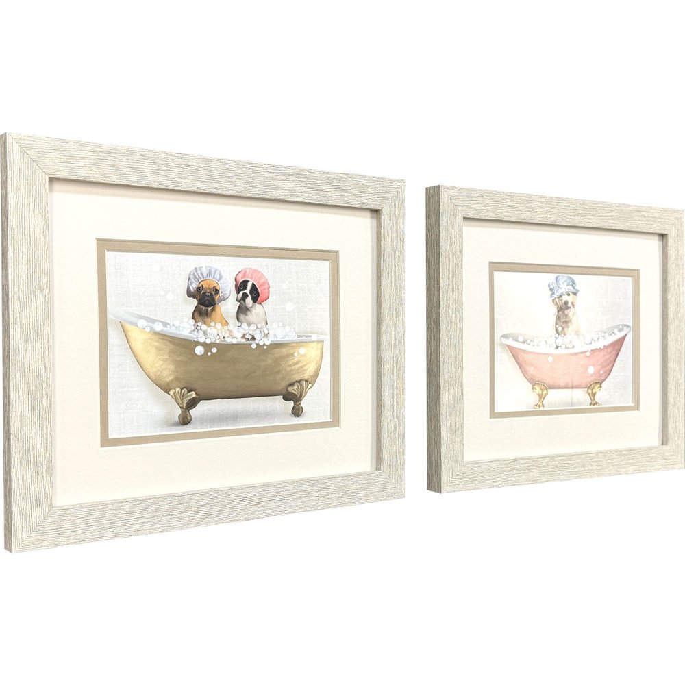 Set Of Two Bath Dogs II Distressed White Framed Wall Art HomeRoots
