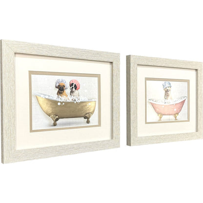Set Of Two Bath Dogs II Distressed White Framed Wall Art HomeRoots