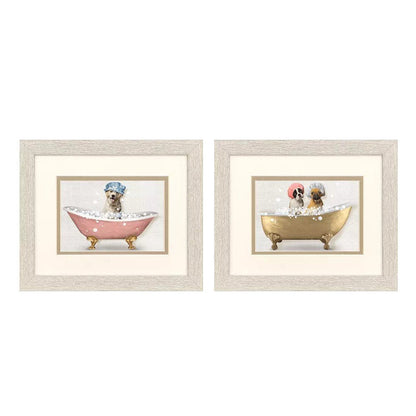Set Of Two Bath Dogs II Distressed White Framed Wall Art HomeRoots