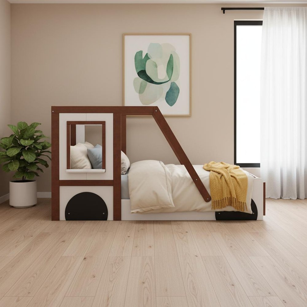 Mahogany and White Wood Twin Race Car Playhouse Bed Frame — view 10