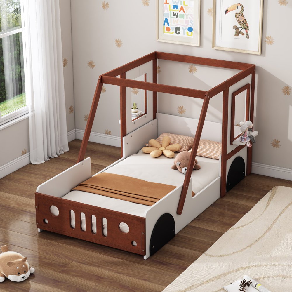 Mahogany and White Wood Twin Race Car Playhouse Bed Frame — view 1