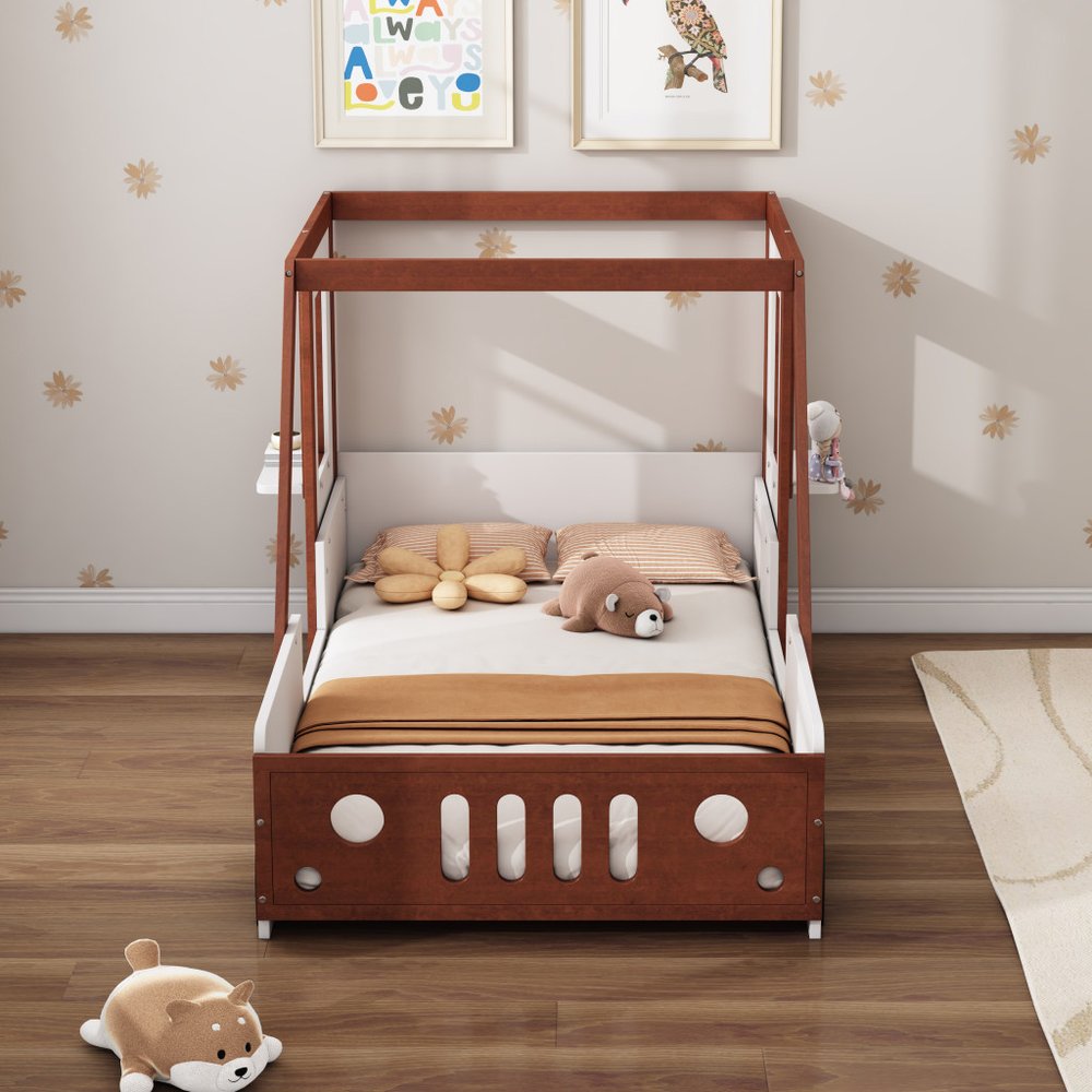 Mahogany and White Wood Twin Race Car Playhouse Bed Frame HomeRoots