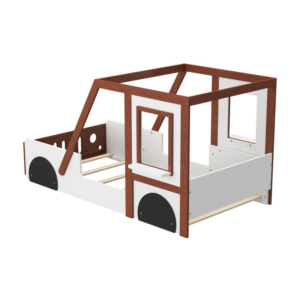 Mahogany and White Wood Twin Race Car Playhouse Bed Frame — view 5