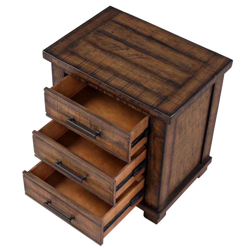 Set of Two 26" Walnut Solid Wood Distressed Three Drawer Nightstand HomeRoots