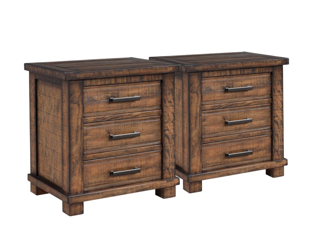 Set of Two 26" Walnut Solid Wood Distressed Three Drawer Nightstand HomeRoots