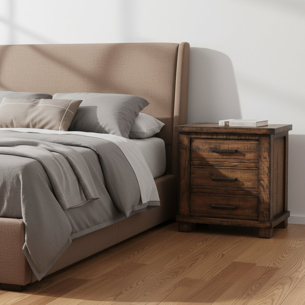 Set of Two 26" Walnut Solid Wood Distressed Three Drawer Nightstand HomeRoots