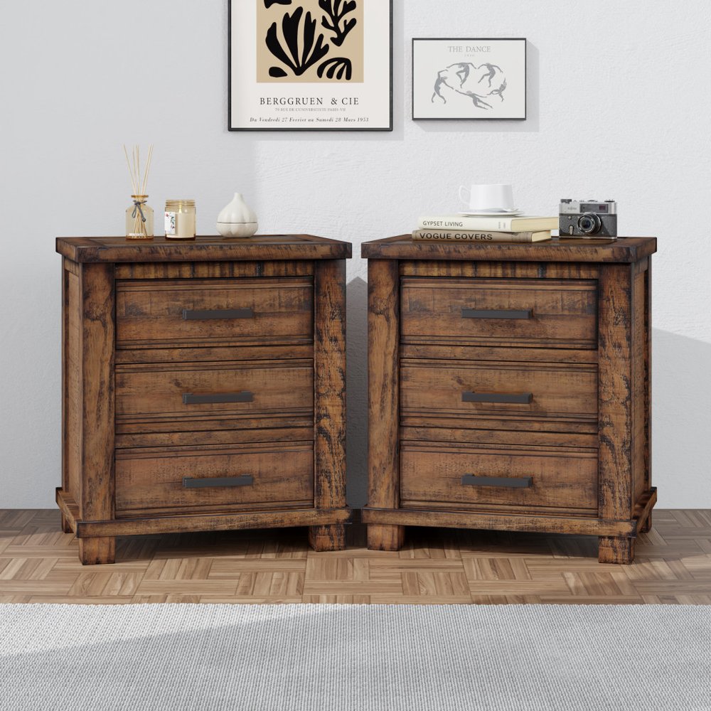 Set of Two 26" Walnut Solid Wood Distressed Three Drawer Nightstand HomeRoots