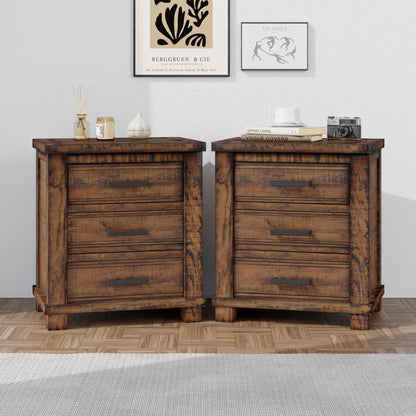 Set of Two 26" Walnut Solid Wood Distressed Three Drawer Nightstand HomeRoots