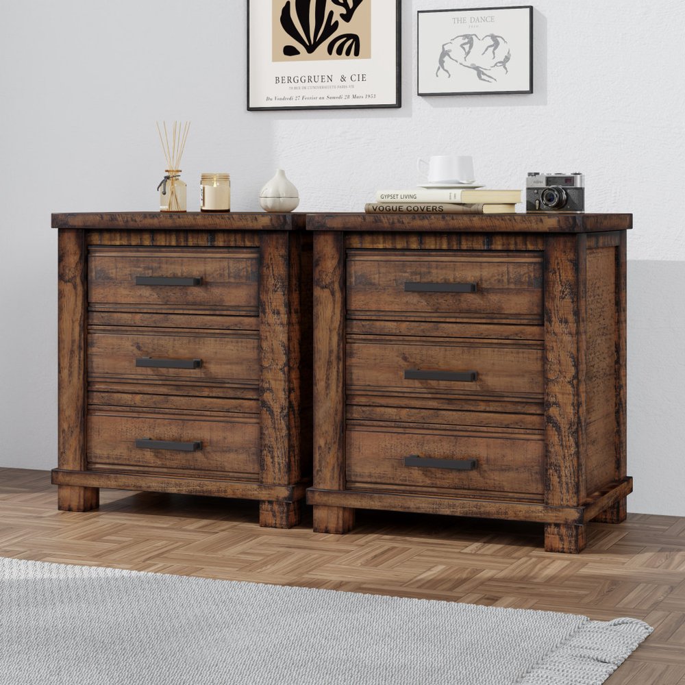 Set of Two 26" Walnut Solid Wood Distressed Three Drawer Nightstand HomeRoots