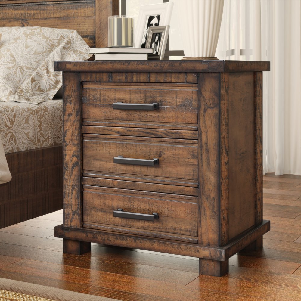 Set of Two 26" Walnut Solid Wood Distressed Three Drawer Nightstand HomeRoots