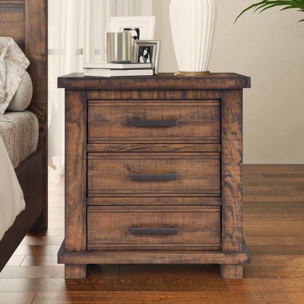 Set of Two 26" Walnut Solid Wood Distressed Three Drawer Nightstand HomeRoots
