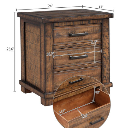 Set of Two 26" Walnut Solid Wood Distressed Three Drawer Nightstand HomeRoots