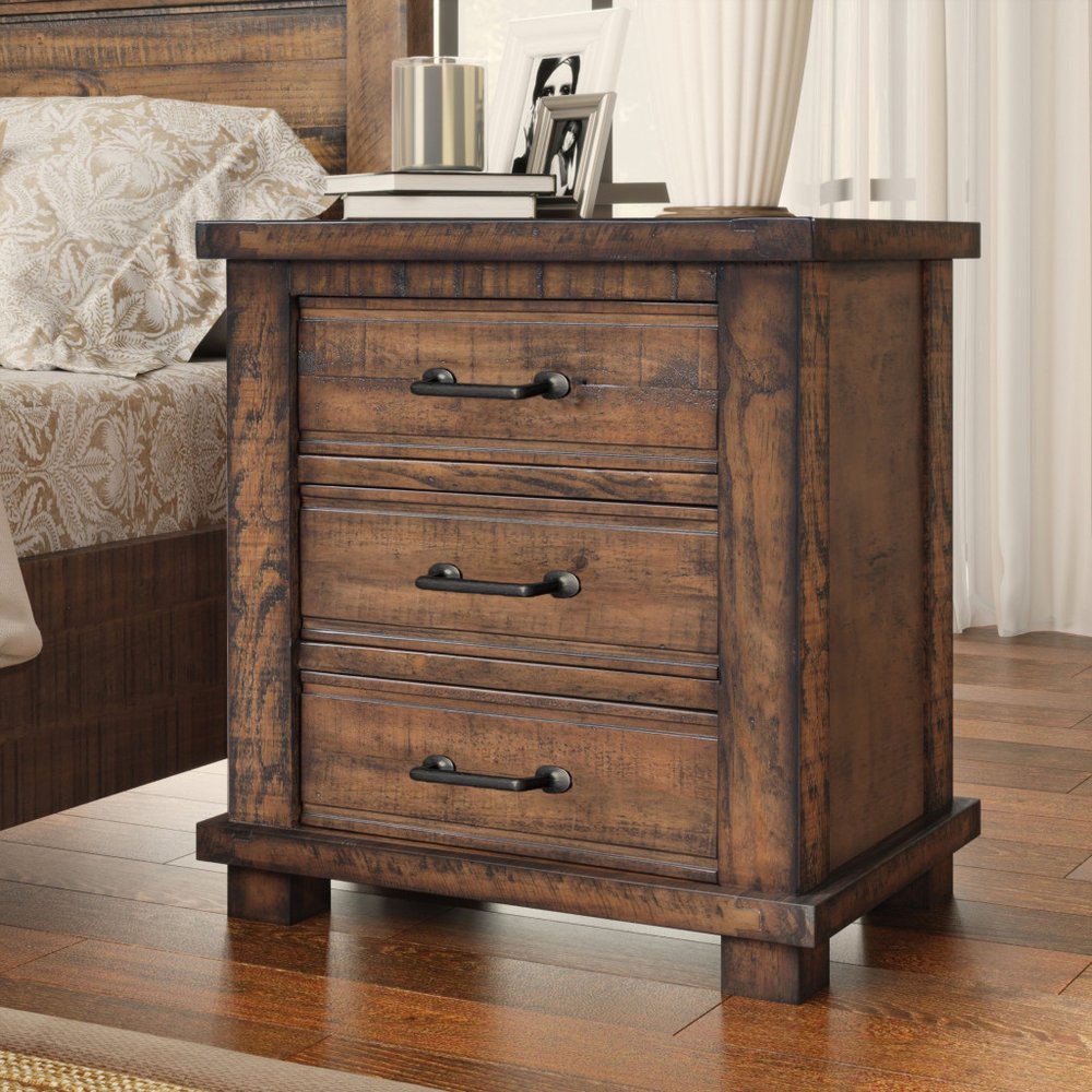26" Walnut Wood Distressed Three Drawer Nightstand HomeRoots