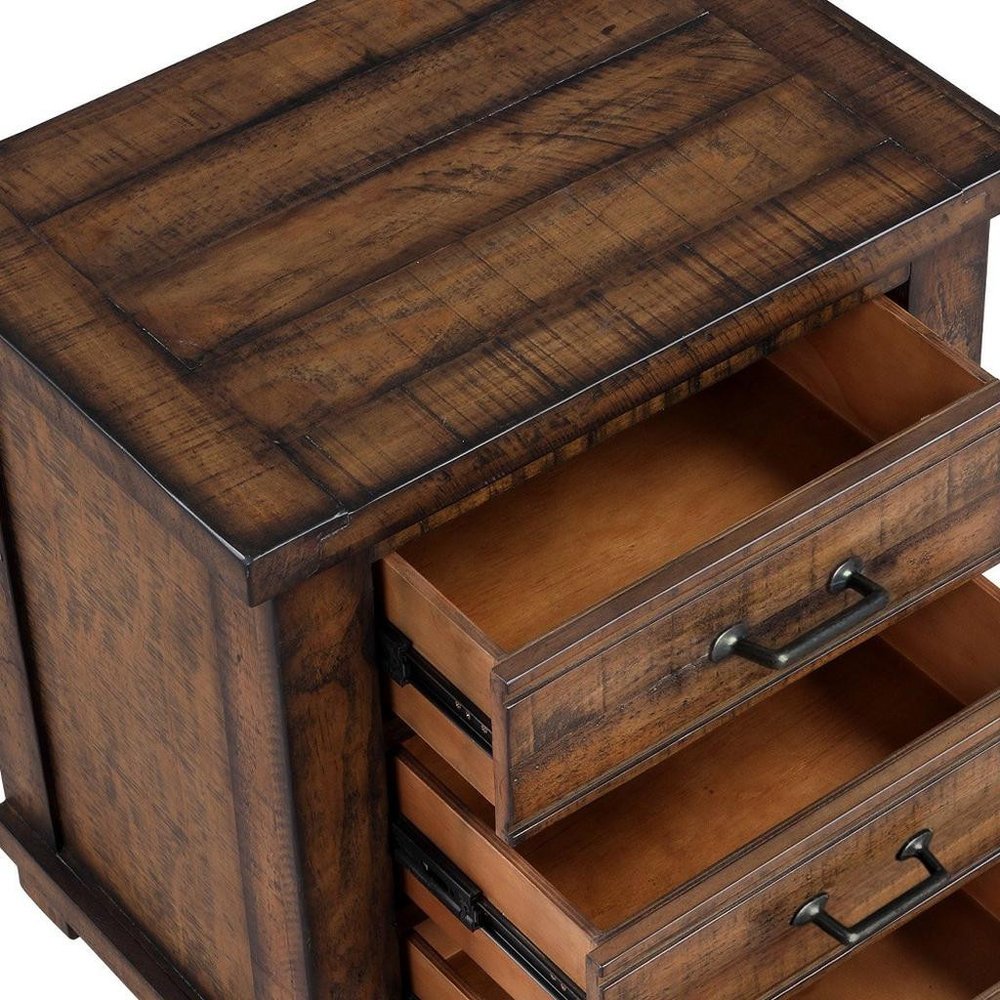 26" Walnut Wood Distressed Three Drawer Nightstand HomeRoots