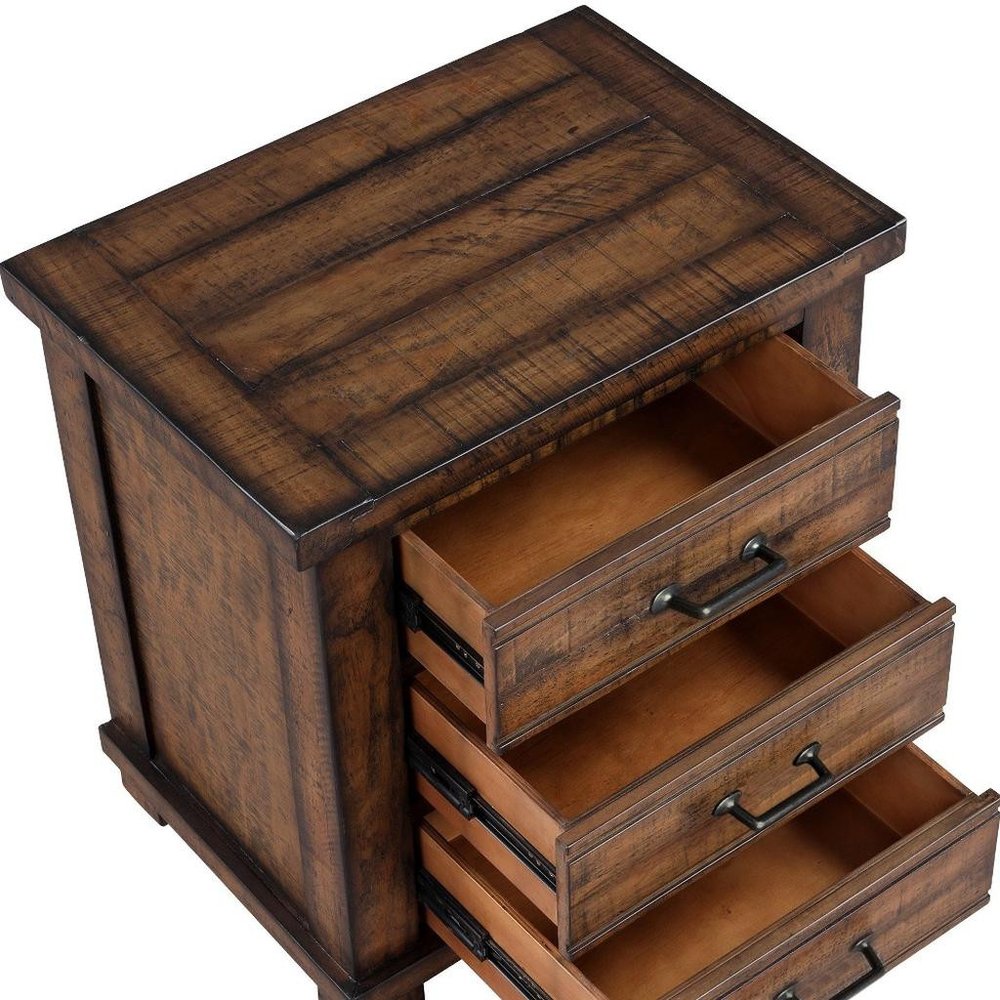 26" Walnut Wood Distressed Three Drawer Nightstand HomeRoots