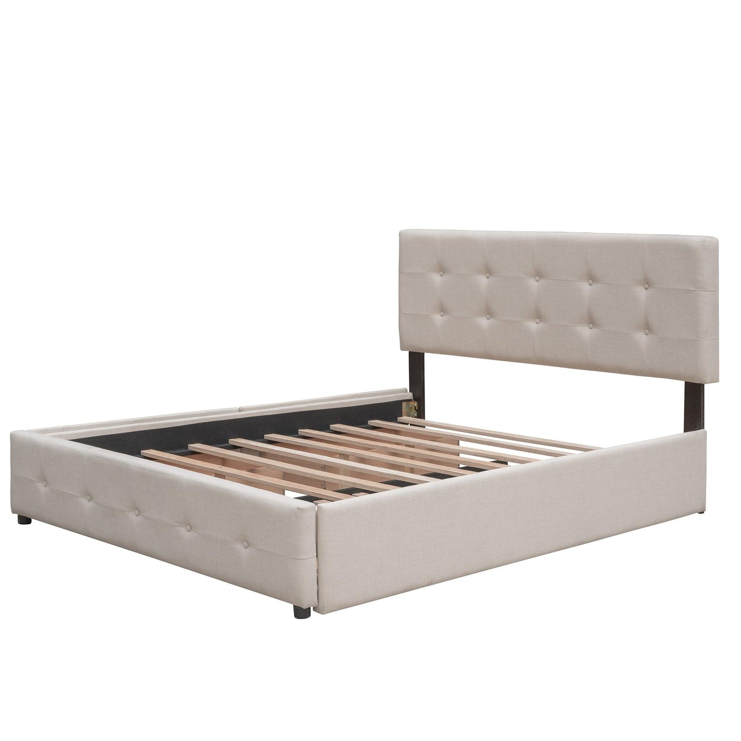 Upholstered Platform Bed with 2 Drawers and 1 Twin XL Trundle Linen Fabric Queen Size - Dark Beige - FurniFindUSA