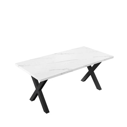 70.87"Modern Square Dining Table with Printed White Marble Table Top+Black X-Shape Table Leg - FurniFindUSA