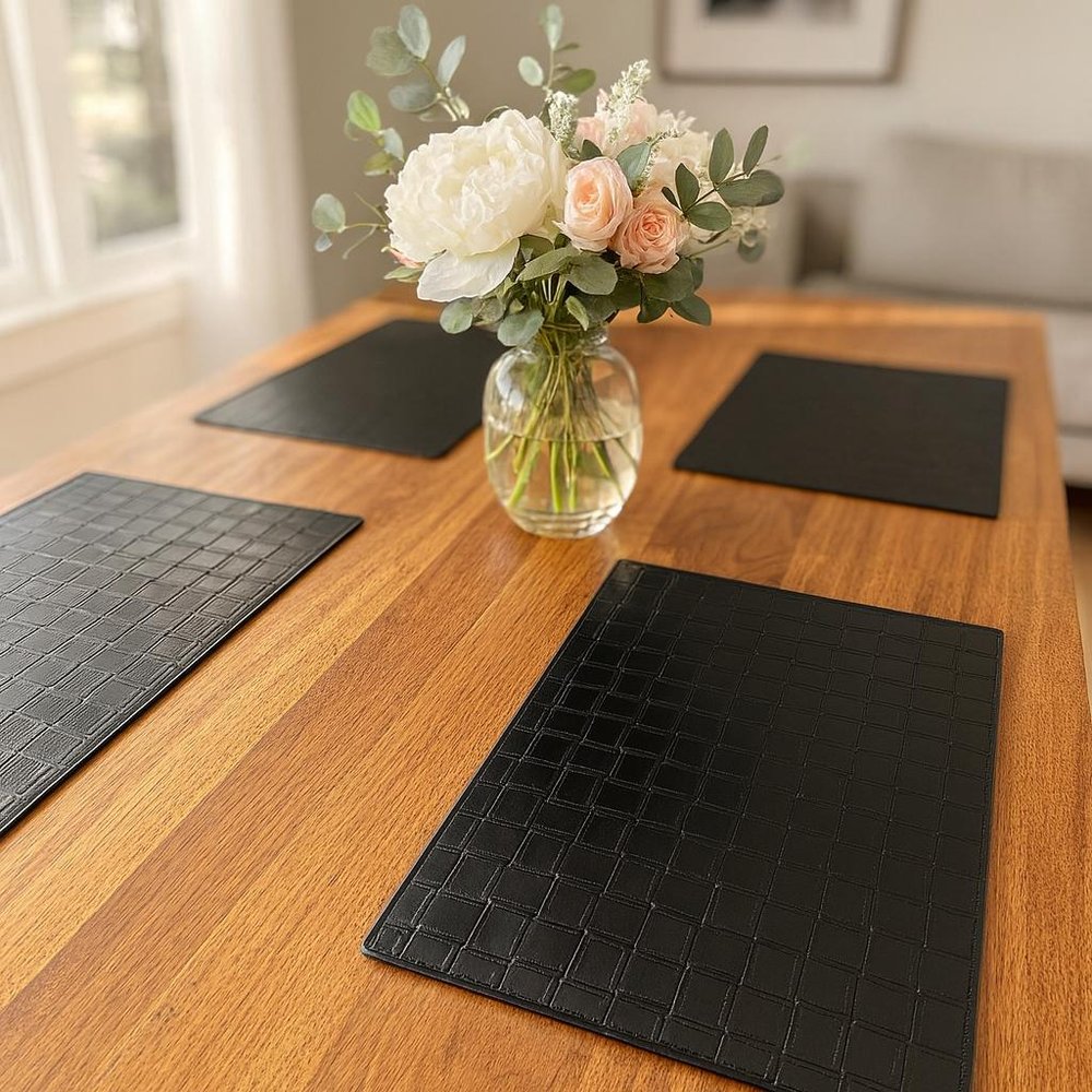 18" Set of Four Black Basketweave Faux Leather Placemats HomeRoots