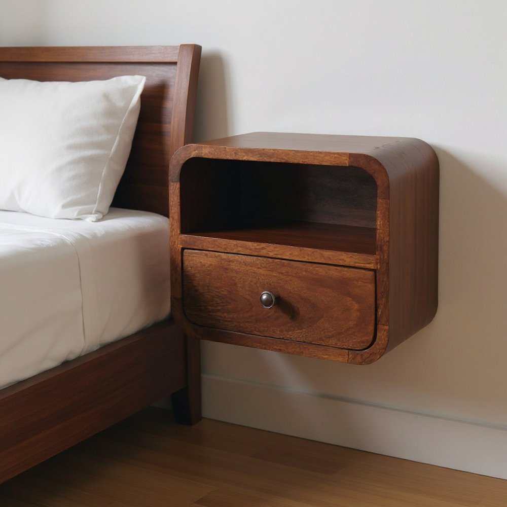 12" Brown Solid Wood Square One Drawer Floating Nightstand — view 8