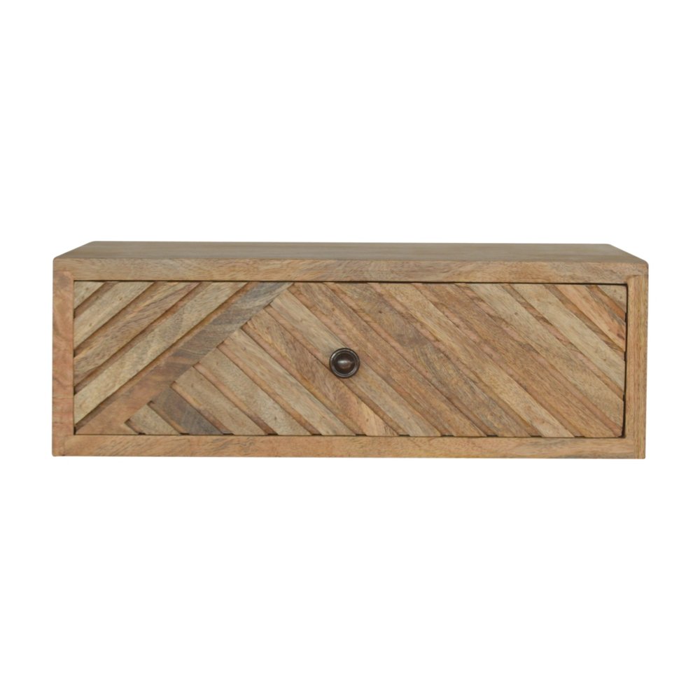18" Natural Solid Wood Carved Geometric One Drawer Floating Nightstand