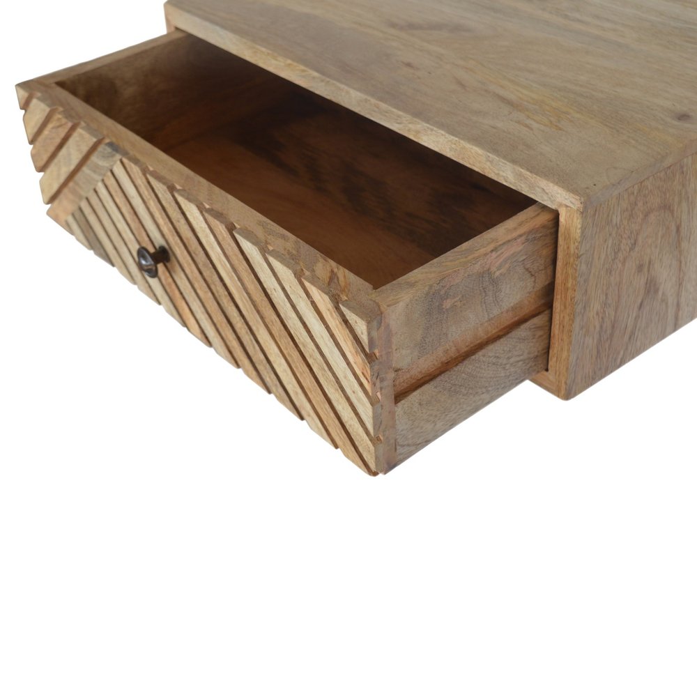 18" Natural Solid Wood Carved Geometric One Drawer Floating Nightstand