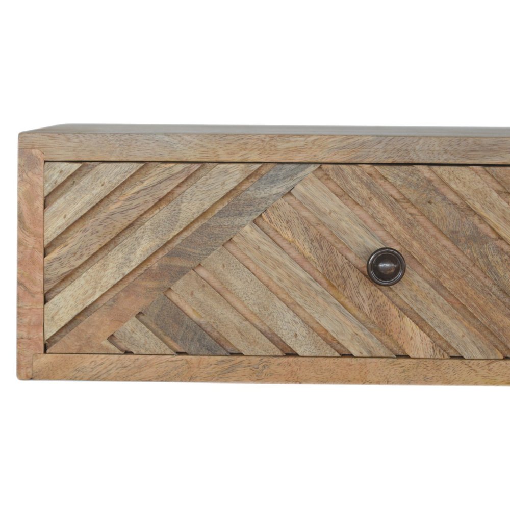 18" Natural Solid Wood Carved Geometric One Drawer Floating Nightstand