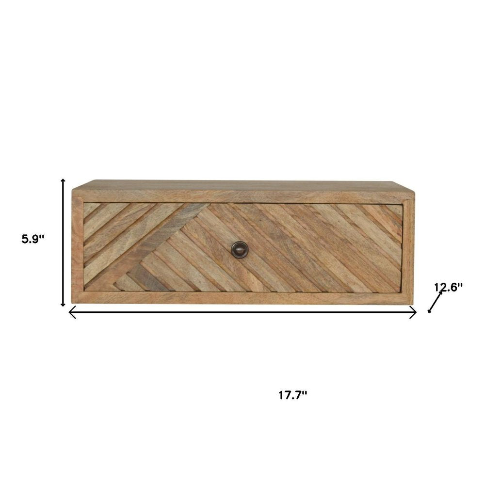 18" Natural Solid Wood Carved Geometric One Drawer Floating Nightstand