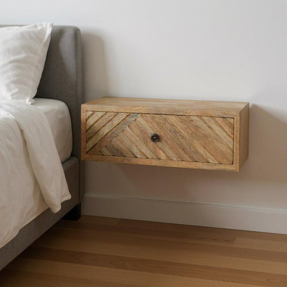 18" Natural Solid Wood Carved Geometric One Drawer Floating Nightstand