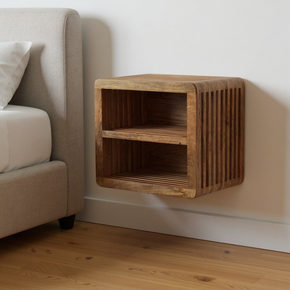 18" Brown Solid Wood Carved Geometric Floating Nightstand HomeRoots