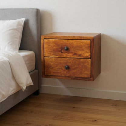 12" Chestnut Solid Wood Two Drawer Floating Nightstand HomeRoots
