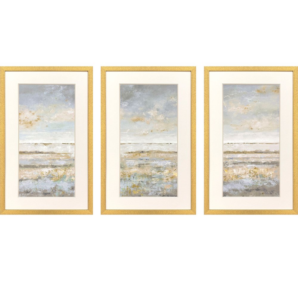 Set Of Three Sea Horizon Distressed Gold Framed Wall Art HomeRoots