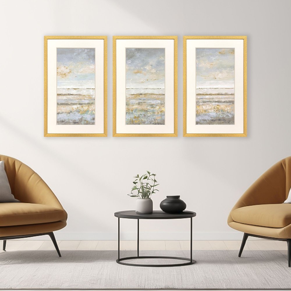 Set Of Three Sea Horizon Distressed Gold Framed Wall Art HomeRoots