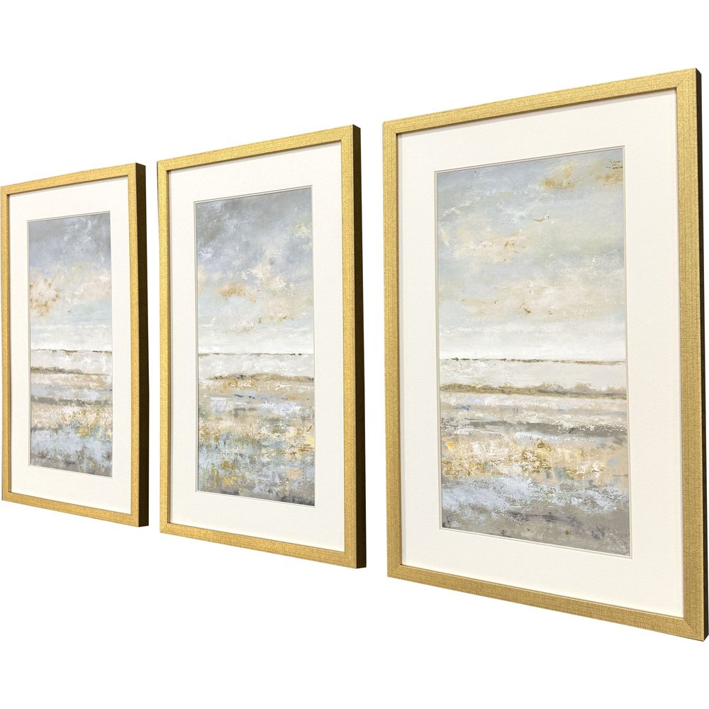 Set Of Three Sea Horizon Distressed Gold Framed Wall Art HomeRoots