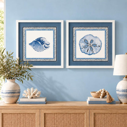 Set Of Two 17" x 17" Shell And Sand Dollar Blues White Framed Wall Art
